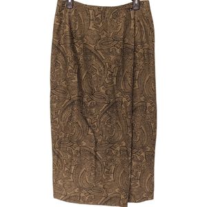 Neutral warm brown and black paisley wrap skirt with purple button